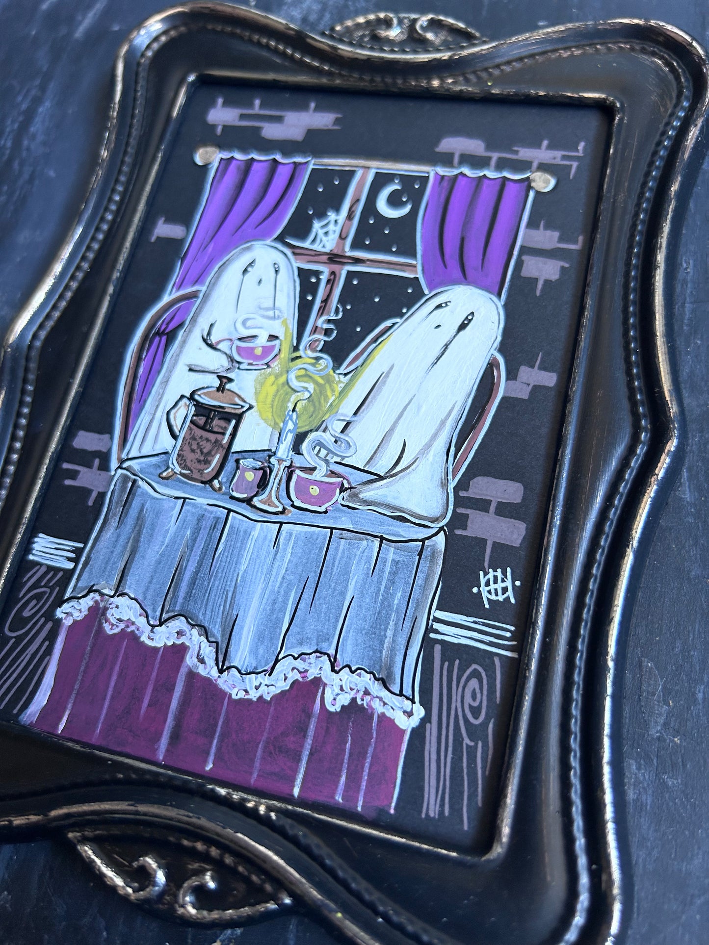 Original Framed Acrylic Painting - Ghosts Drinking Coffee