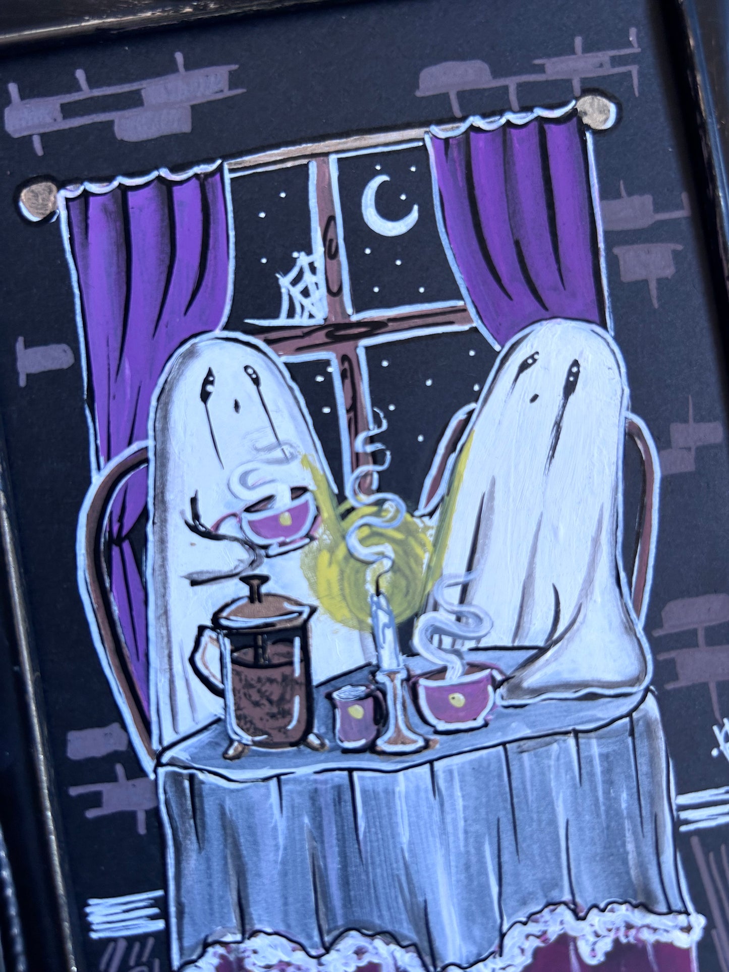 Original Framed Acrylic Painting - Ghosts Drinking Coffee