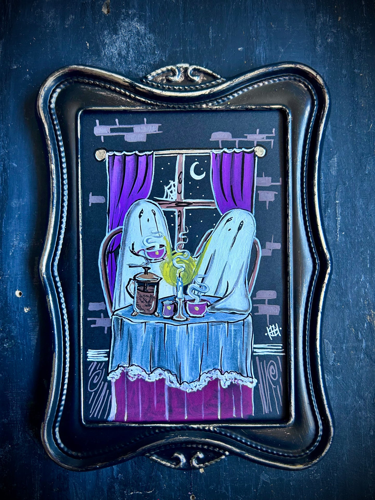 Original Framed Acrylic Painting - Ghosts Drinking Coffee