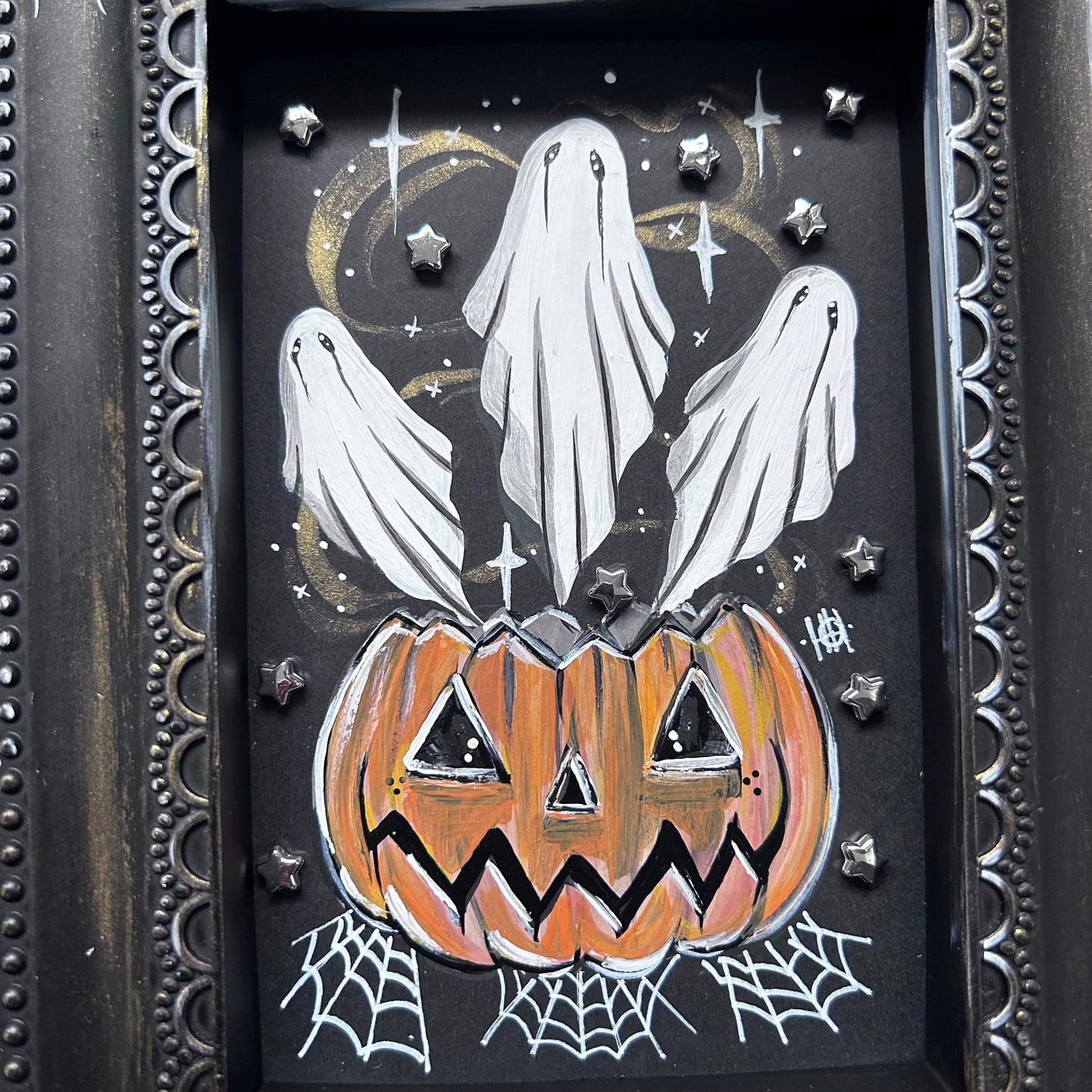 Original Framed Acrylic Painting - Pumpkin Ghosts