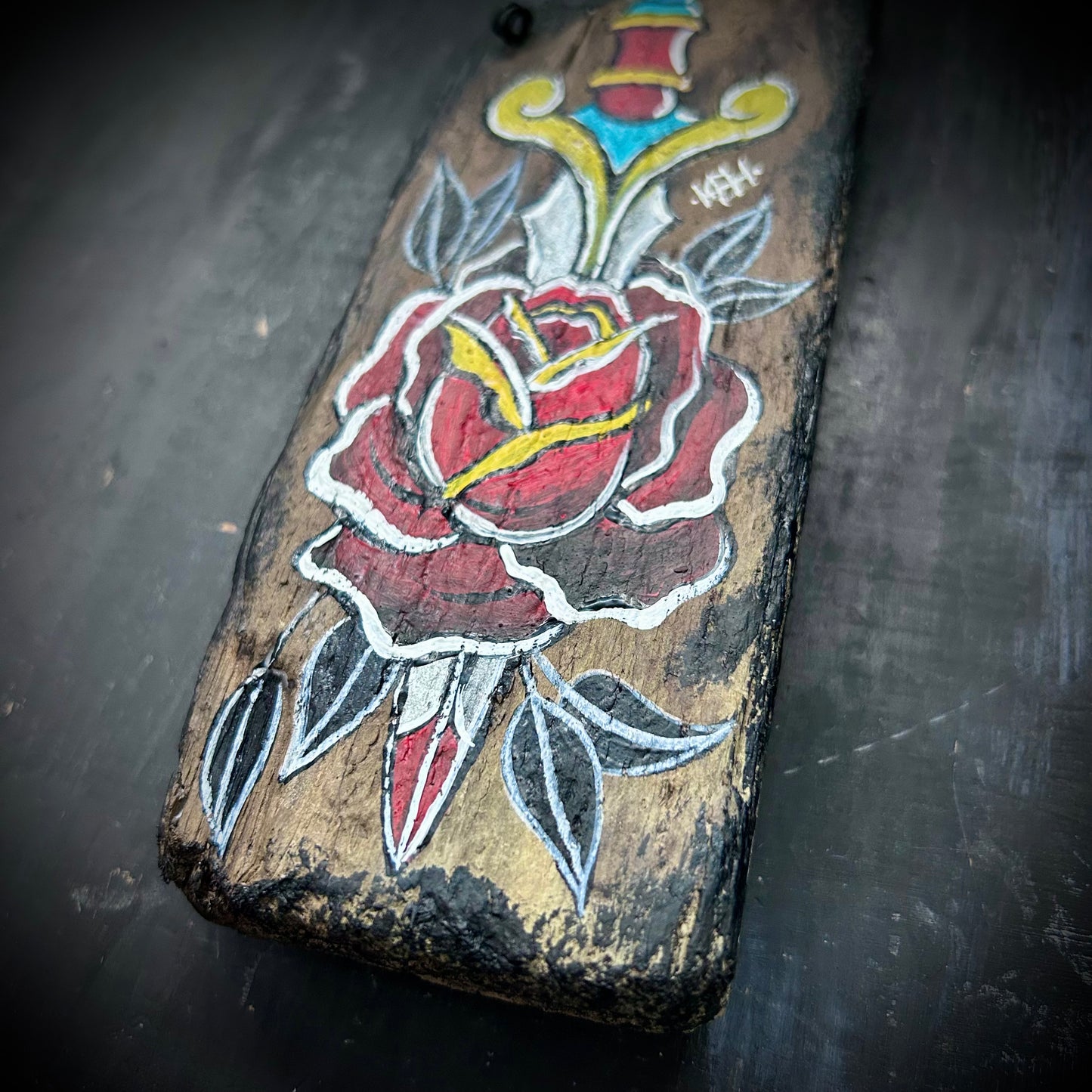 Hand Painted Driftwood Plaque - Dagger & Rose