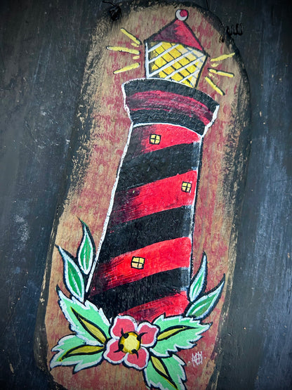 Hand Painted Driftwood Plaque - Lighthouse