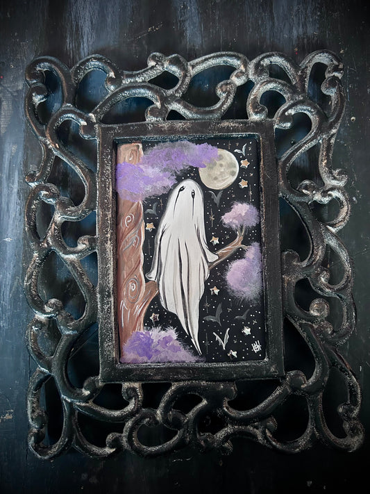 Original Framed Acrylic Painting - Ghostie Sitting in a Tree