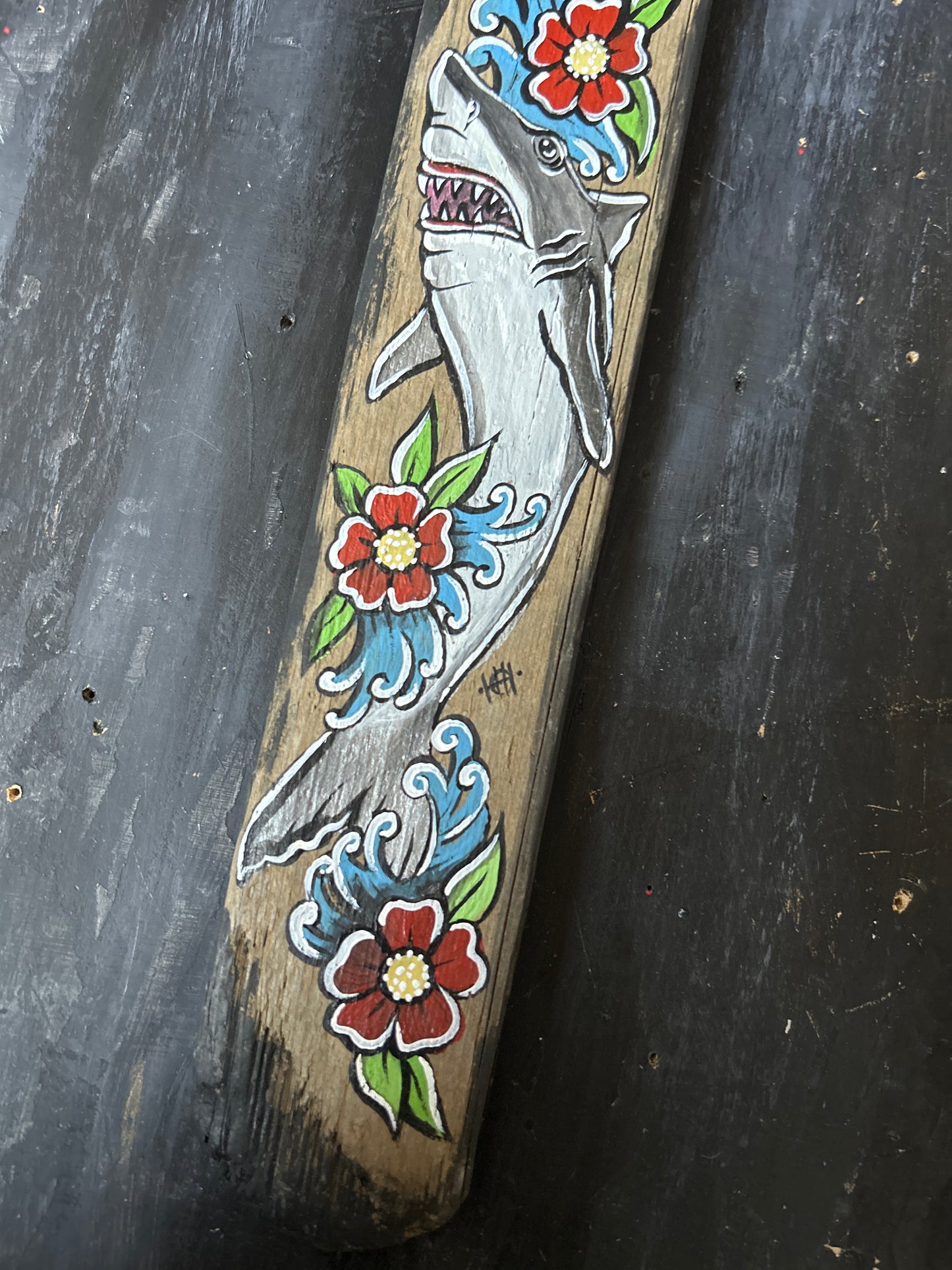 Hand Painted Driftwood Plaque - Shark
