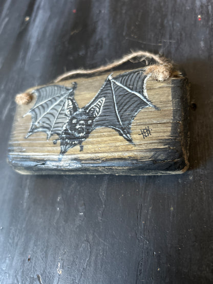 Hand Painted Driftwood Plaque - Bat