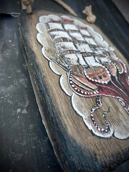 Hand Painted Driftwood Plaque - Kraken