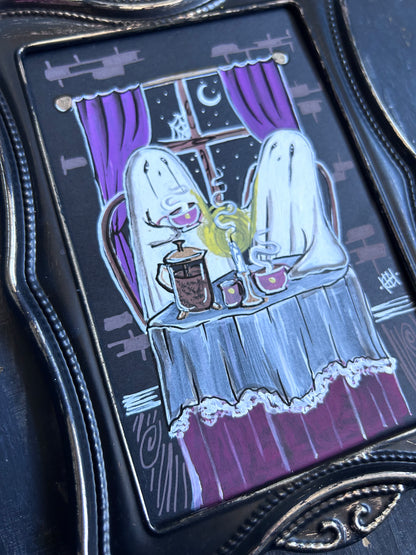 Original Framed Acrylic Painting - Ghosts Drinking Coffee