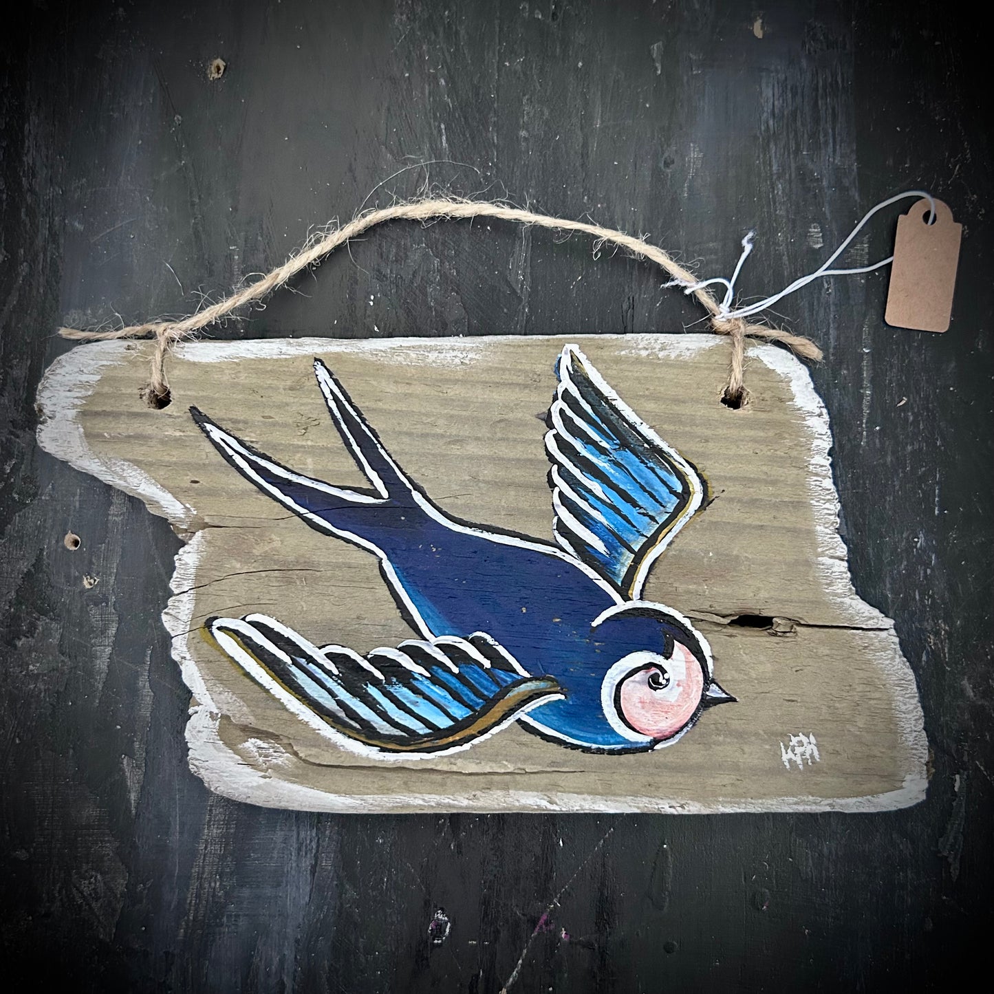 Hand Painted Driftwood Plaque - Swallow