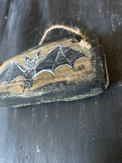 Hand Painted Driftwood Plaque - Bat