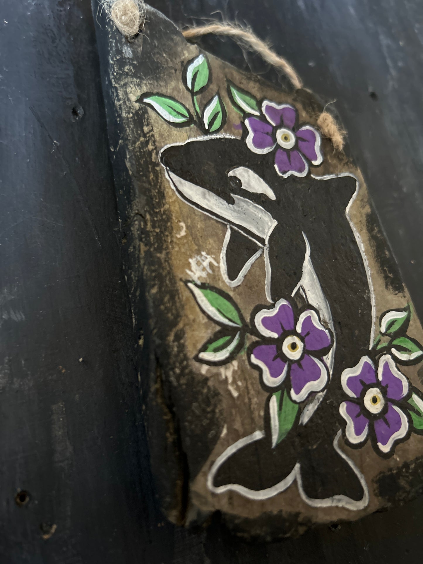 Hand Painted Driftwood Plaque - Orca