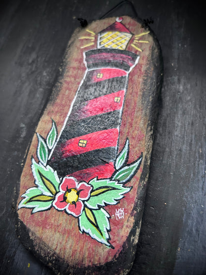 Hand Painted Driftwood Plaque - Lighthouse