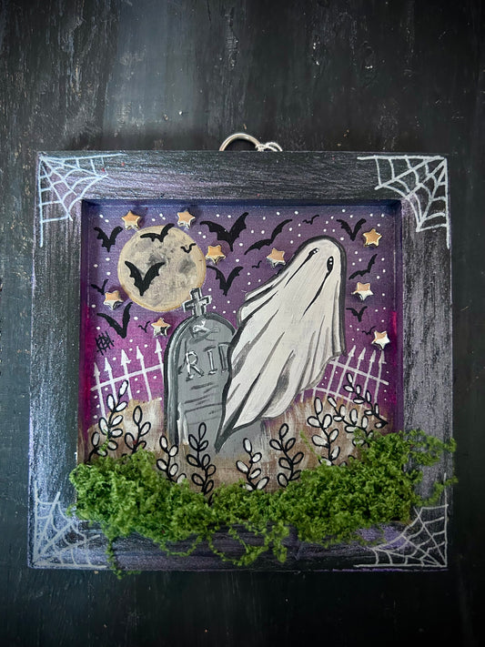 Original Acrylic Painting on Framed Board - Graveyard Ghost