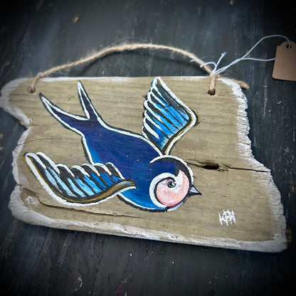 Hand Painted Driftwood Plaque - Swallow