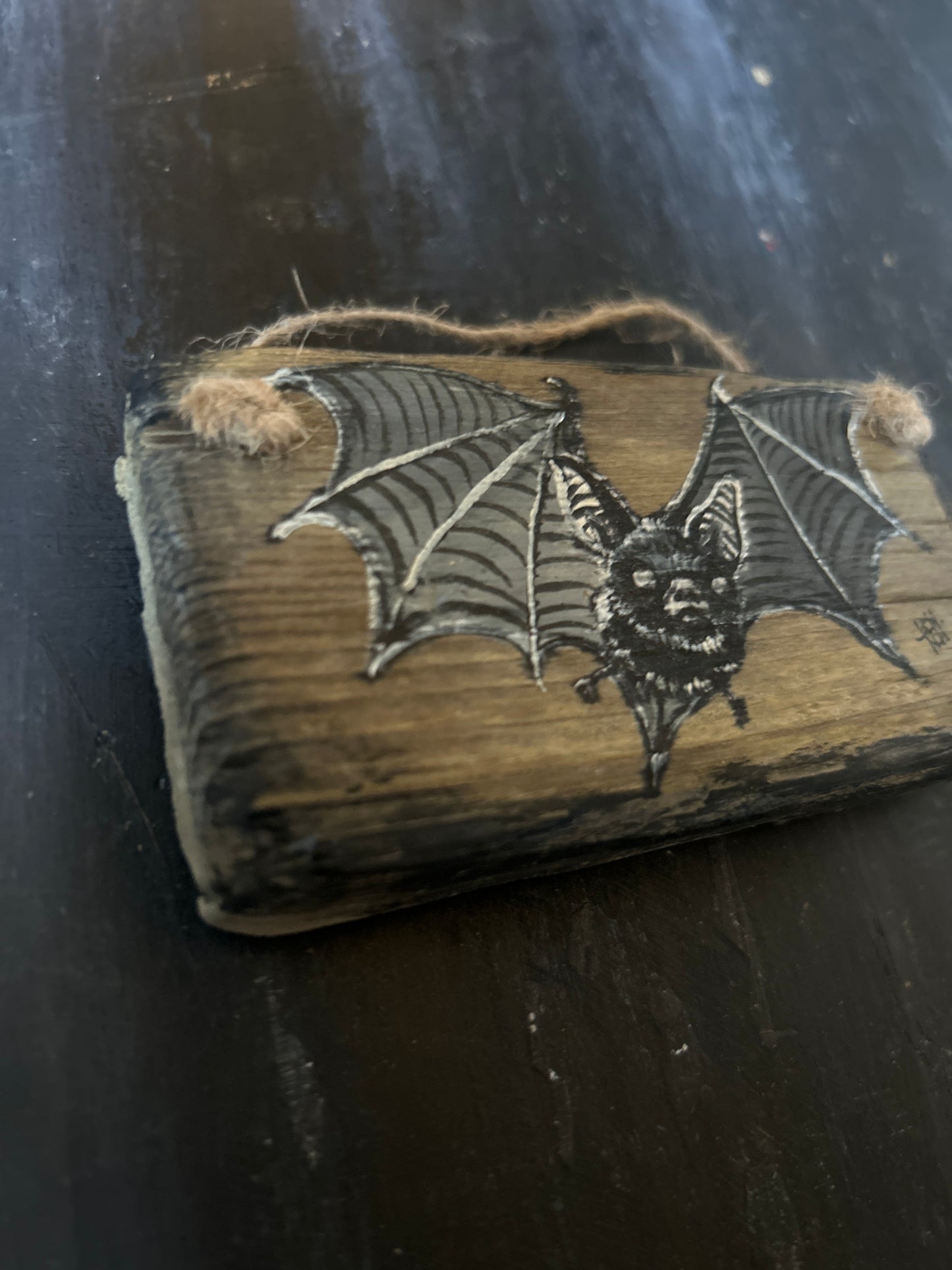 Hand Painted Driftwood Plaque - Bat