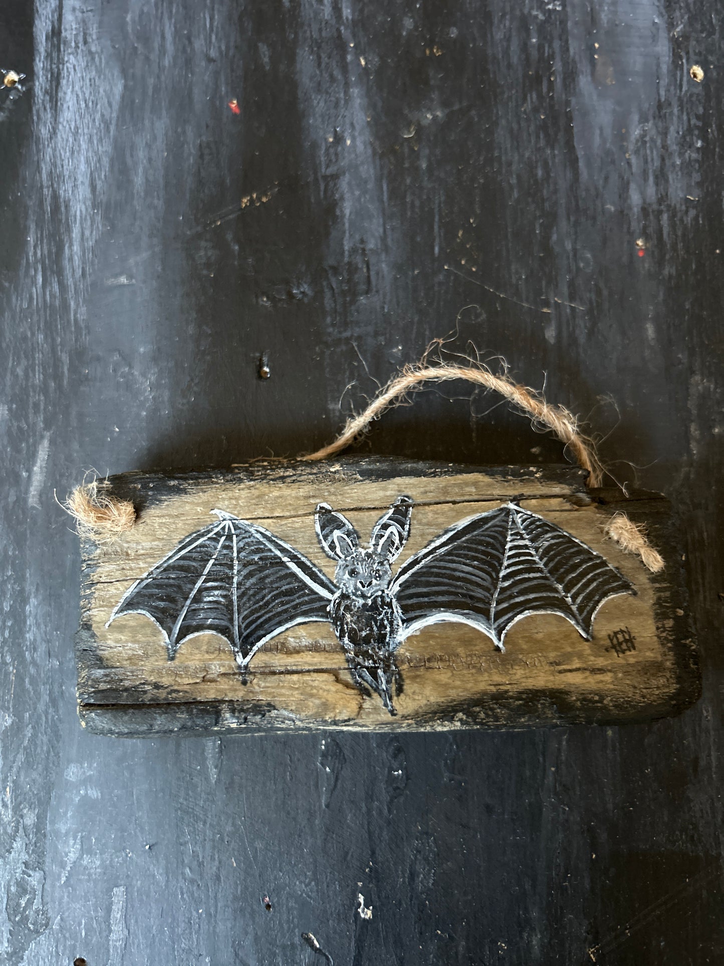 Hand Painted Driftwood Plaque - Bat