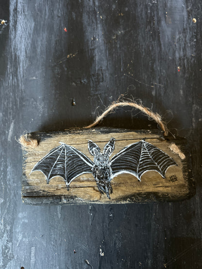 Hand Painted Driftwood Plaque - Bat