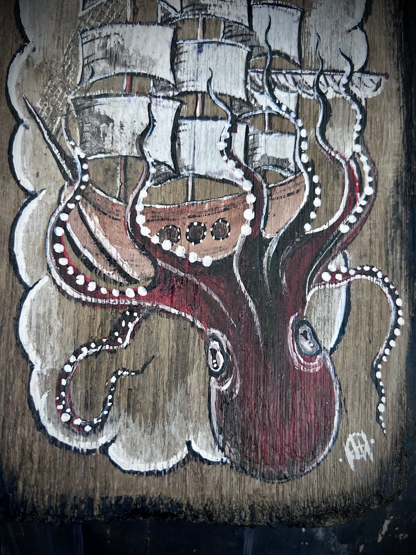 Hand Painted Driftwood Plaque - Kraken