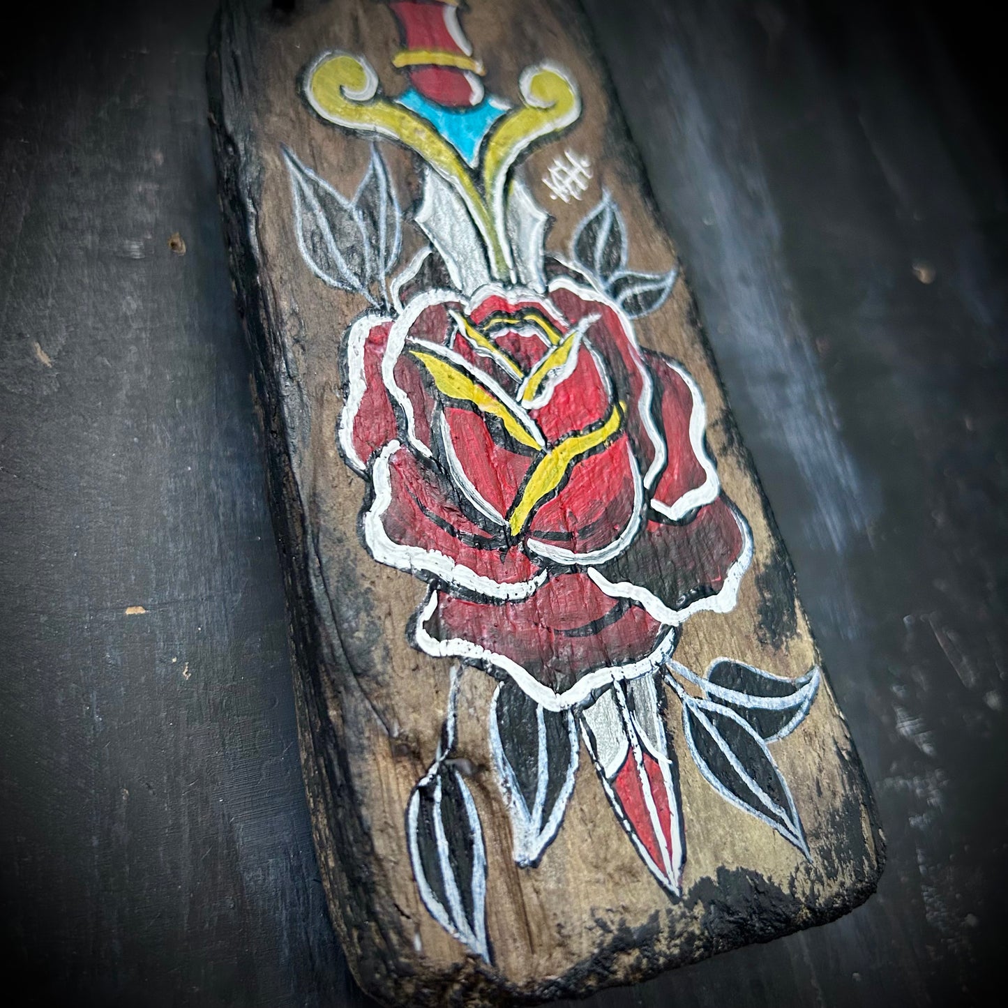 Hand Painted Driftwood Plaque - Dagger & Rose