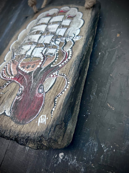Hand Painted Driftwood Plaque - Kraken
