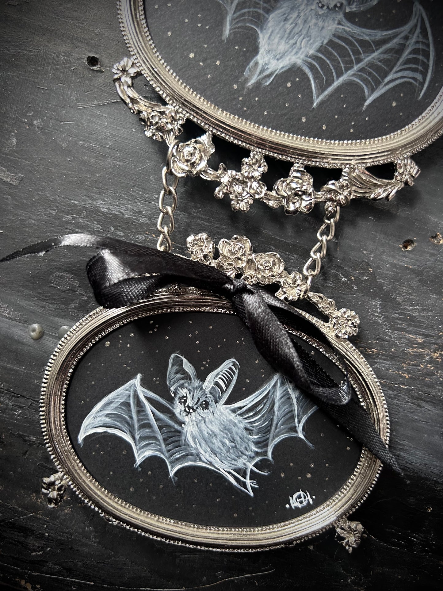 Original Framed Acrylic Painting - Bat Trio in Hanging Frame