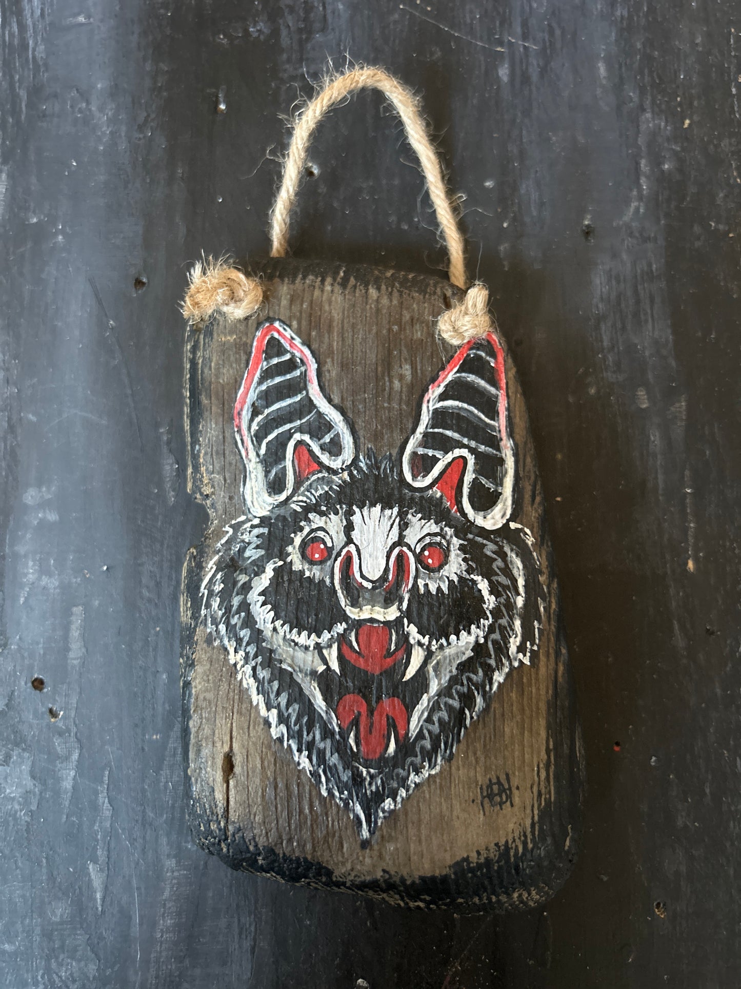 Hand Painted Driftwood Plaque - Bat