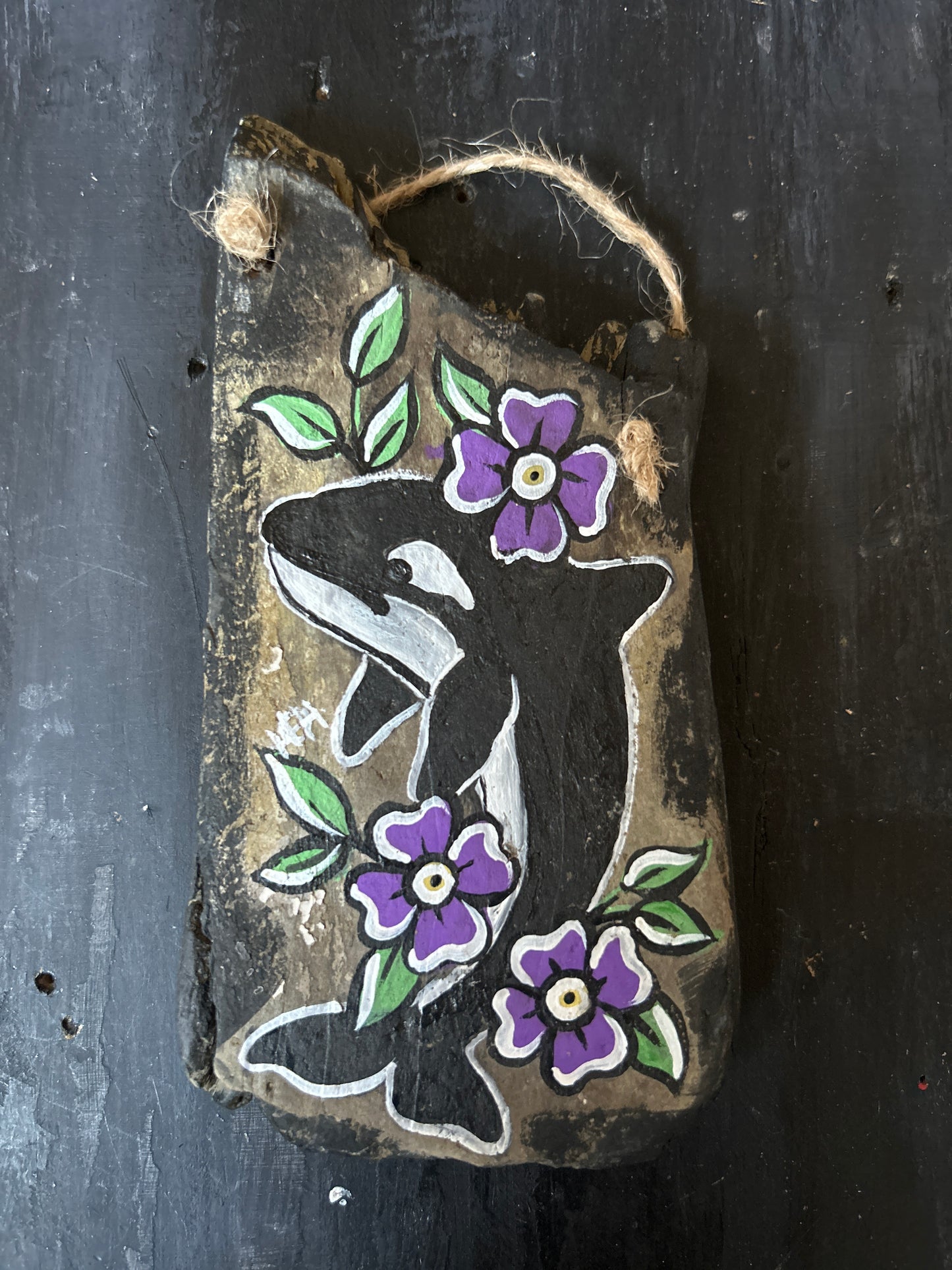 Hand Painted Driftwood Plaque - Orca