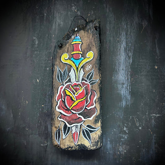 Hand Painted Driftwood Plaque - Dagger & Rose