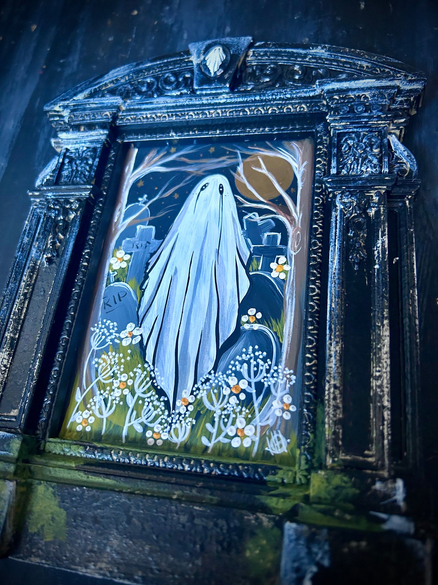 Original Framed Acrylic Painting  - Graveyard Ghost