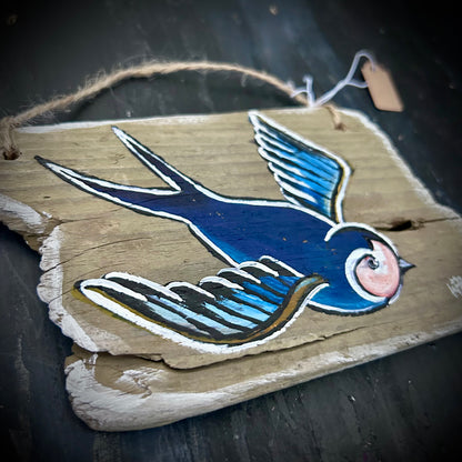 Hand Painted Driftwood Plaque - Swallow