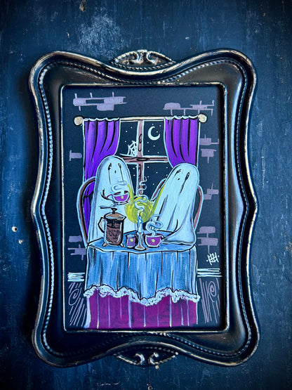 Original Framed Acrylic Painting - Ghosts Drinking Coffee