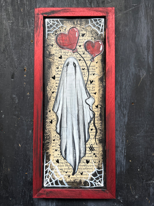 Original Framed Acrylic Painting  - Heart Balloons Ghost