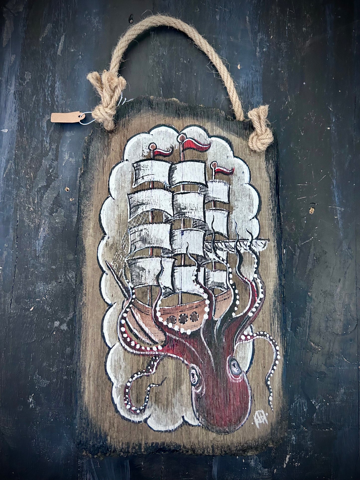 Hand Painted Driftwood Plaque - Kraken