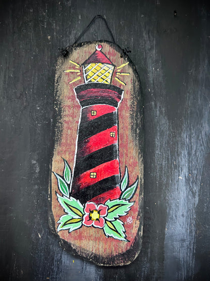Hand Painted Driftwood Plaque - Lighthouse