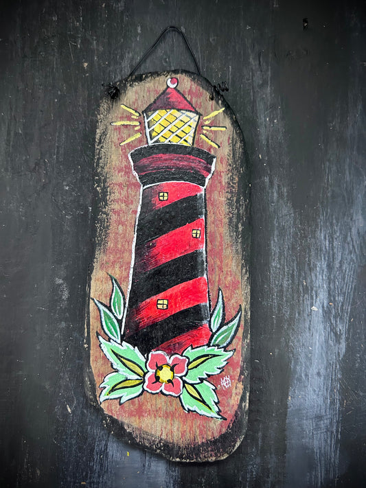 Hand Painted Driftwood Plaque - Lighthouse