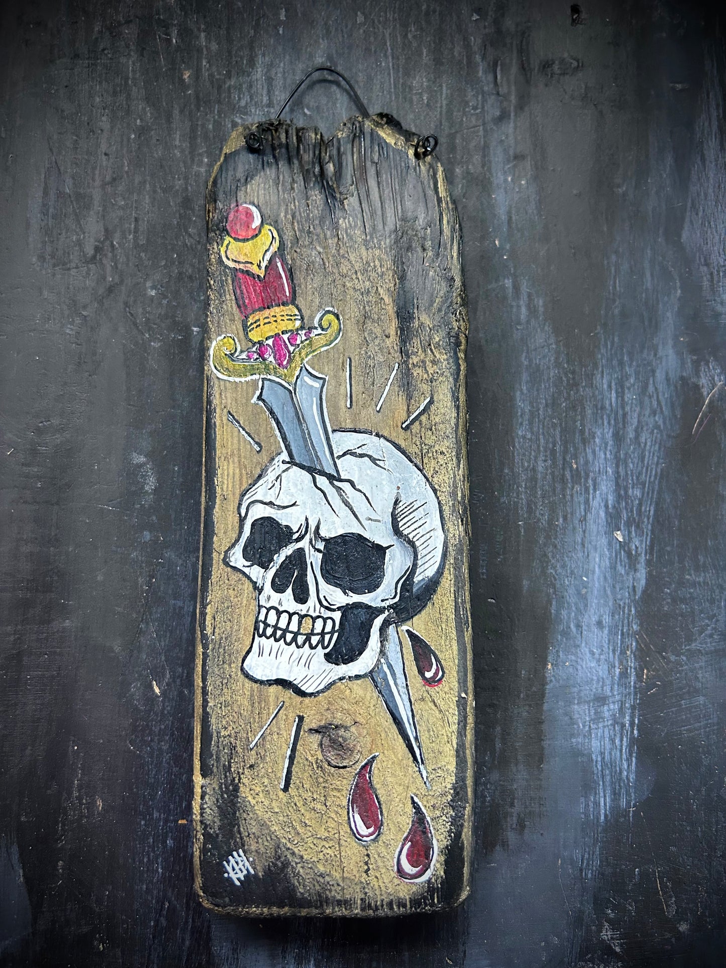 Hand Painted Driftwood Plaque - Skull